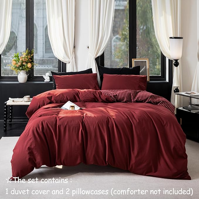 Reversible Duvet Cover Set 100% Washed Cotton Red Stripe Linen Feel Duvet Cover Queen Size with Zipper Closure & 2 Pillow Shams, Red/White Stripe Reverse Solid Red