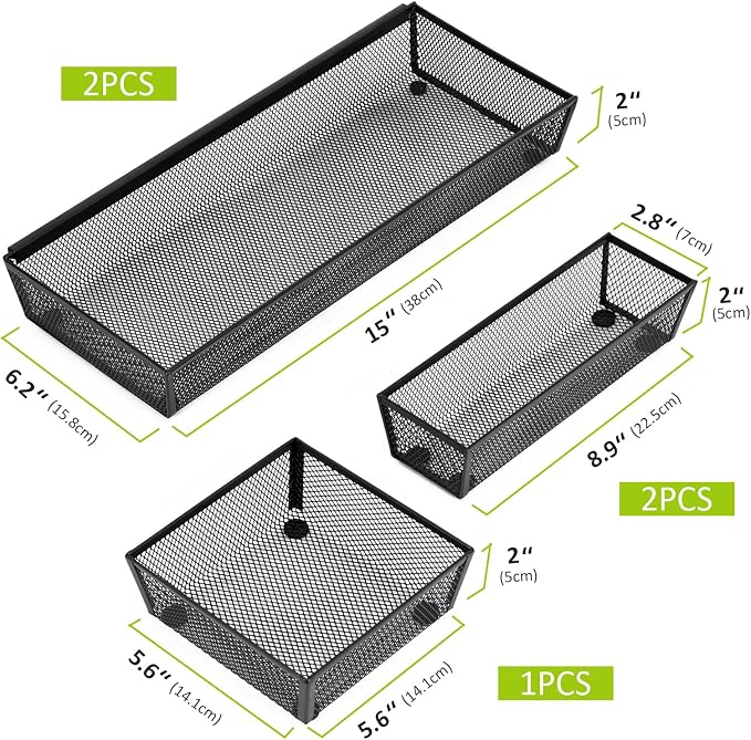Neudeco Drawer Organizer, Black, 5 Pack, 15x6.2x2 inches | Metal Mesh Silverware Tray, Interlocking Design, 5 Compartment, For Kitchen Utensils