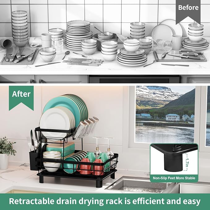 MOUKABAL 2 Tier Dish Drying Rack with Drainboard for Kitchen Counter, Black | 13×17 Large Capacity/Rustproof Stainless Steel/Fast Drainage Dish Drainer/Removable Utensil Holder/Kitchen Counter Organizer