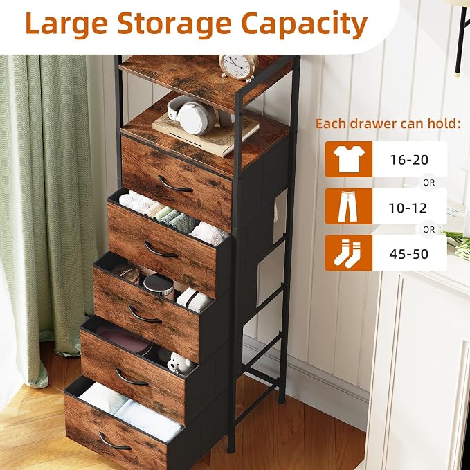 Somdot Tall Nightstand for Bedroom, Tall 5 Drawers Dresser, Vertical Storage Tower Unit, Nightstand Furniture with Fabric Drawer Organizer in Bedside Kids Room, Laundry Entryway, Wood Grain Print