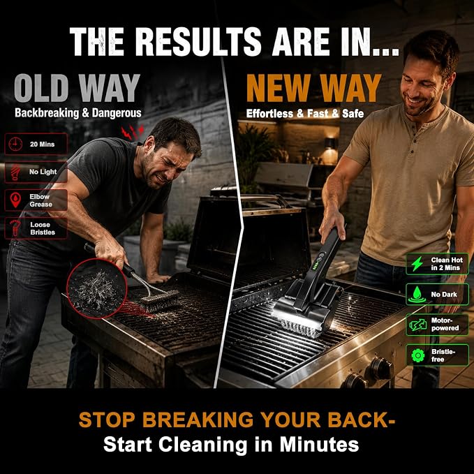 Electric Grill Brush Cleaner, High Torque BBQ Bristle-Free Cleaner – Rechargeable Cordless with LED Light, Splash Guard & Scraper, Heavy Duty Grill Cleaner Tool for Outdoor Grill, Gift for Men Dad