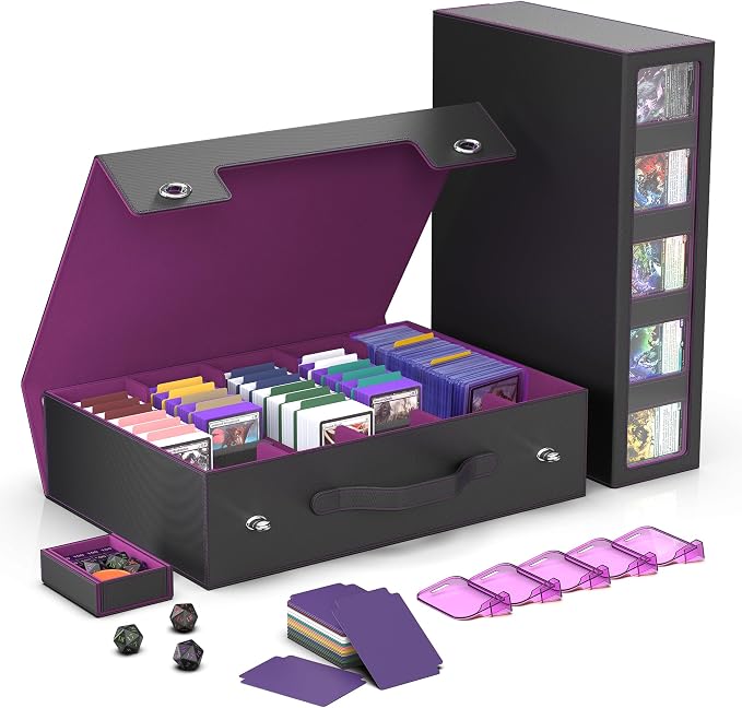Kabinka Trading Card Storage Box with Handle & Mechanical Latch,5-Row 3900+ Commander MTG Card Case with Sealed Window,Top Loaders Organizer Deck Box for MTG/TCG/PTCG/Sports Cards (Black Purple)