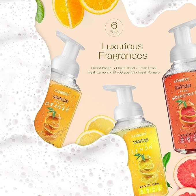 Foaming Hand Soap - Pack of 6 - Moisturizing Hand Soap with Aloe Vera & Essential Oils, Alcohol-Free Hand Wash in Citrus Blend, Lemon, Orange, Pomelo, Lime, Grapefruit, Hand Wash for Kitchen, Bathroom