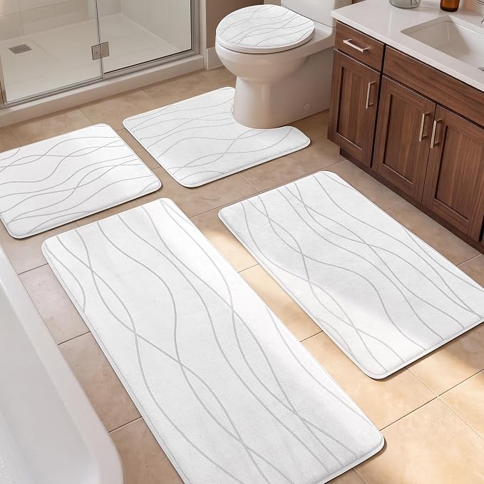 YIHOUSE Bathroom Rugs Set 5 Piece, Memory Foam Bath Mat White | Ultra Soft, Absorbent, Non-Slip, Machine Washable, for Bathroom, Sink and Toilet