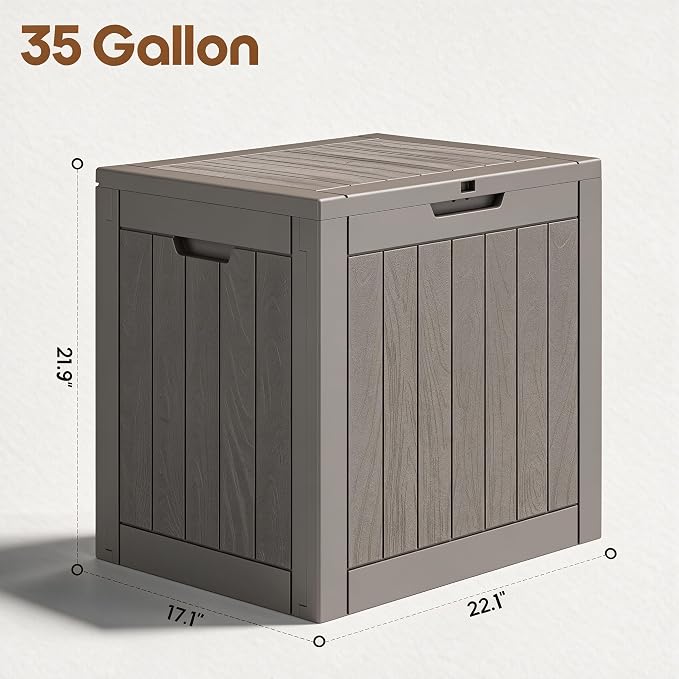 NUNU LAB 35 Gal Outdoor Storage Box Waterproof Lockable,Deck Box,Grey | Waterproof Outdoor Storage Box, Lockable Lid Deck Box for Package Delivery, Backyard Bin for Garden Tools, Patio Cushion