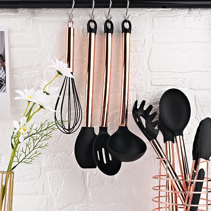 Silicone Cooking Utensil Set with Measuring Cup Spoon, 16 Pcs Non-stick Kitchen Utensil, Heat Resistant Cookware, Silicone Kitchen Tools Gift with Rose Gold Stainless Steel Handle