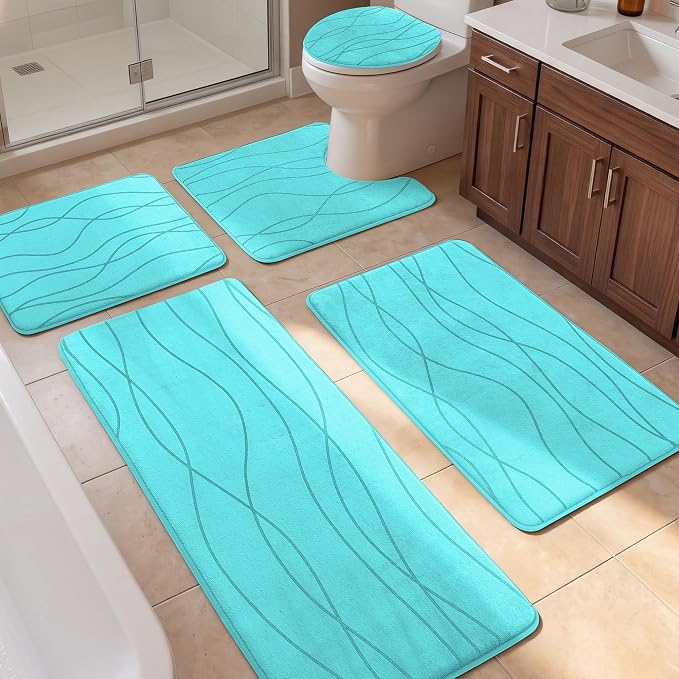 YIHOUSE Bathroom Rugs Set 5 Piece, Memory Foam Bath Mat Teal | Ultra Soft, Absorbent, Non-Slip, Machine Washable, for Bathroom, Sink and Toilet