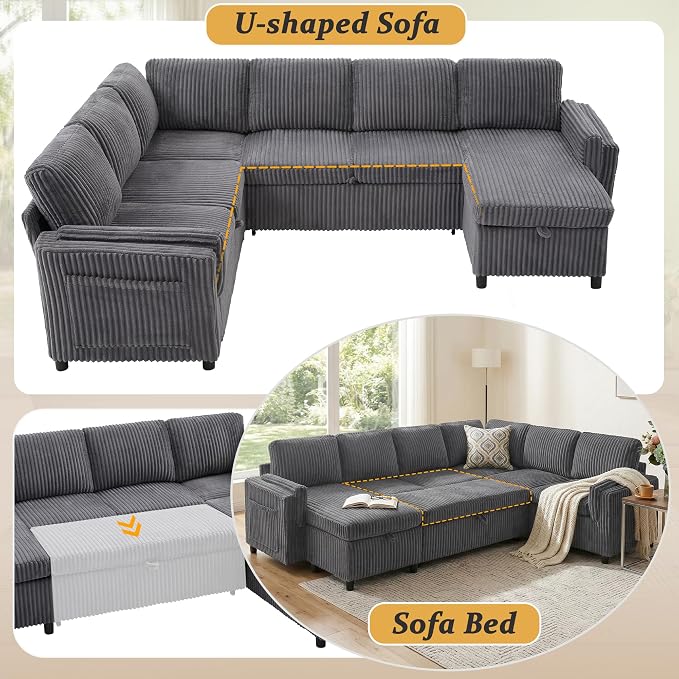 L Shaped Sectional Sleeper Sofa with Pull Out Bed, Dark Grey | 7 Seat Modular Design, Hidden Storage Space, Soft Corduroy Fabric, USB Charging, Cup Holders, Removable Covers, Easy Assembly