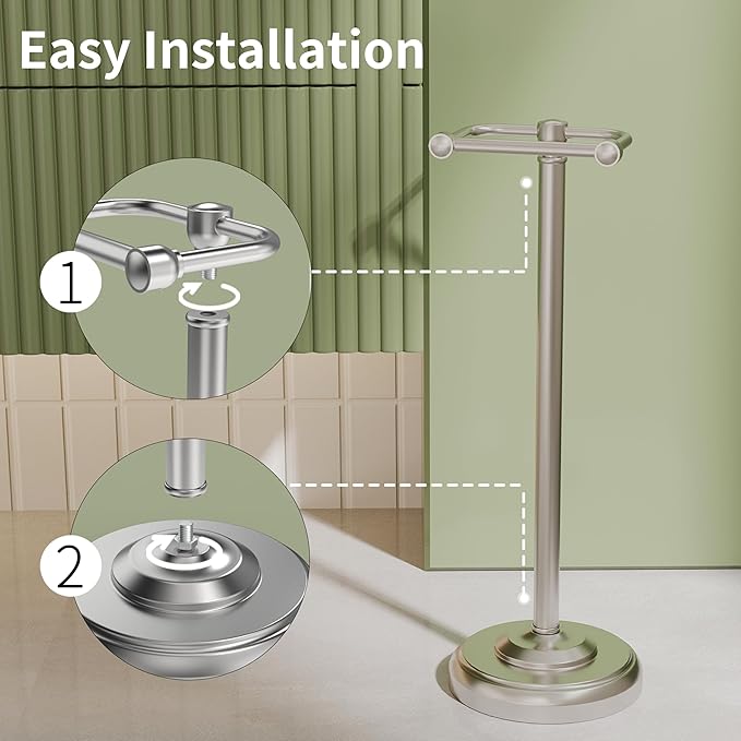 Toilet Paper Holder Stand, Brushed Nickel Toilet Paper Holder Free Standing,Post Pivoting Design & Stable Weighted Base SUS304 Stainless Steel for Bathroom
