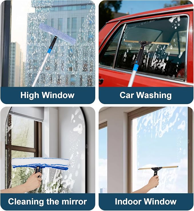 Window Cleaning Kit, Swivel Squeegee & Scrubber with Extension Poles, Foldable Bucket, Blendable Duster, 2 Scrubber Pads & Cleaning Cloth, Glass Scraper Cleaning Tool Kit for Window Glass Mirror Car