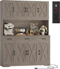 HOSTACK 71" Tall Kitchen Pantry Storage Cabinet, 55" W Kitchen Hutch, Grey | Large Pantry Cabinet with Charging Station / Countertop / 3 Drawers, Farmhouse Hutch Cabinet with Storage for Dining Room