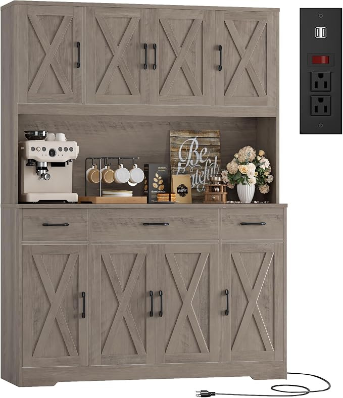 HOSTACK 71" Tall Kitchen Pantry Storage Cabinet, 55" W Kitchen Hutch, Grey | Large Pantry Cabinet with Charging Station / Countertop / 3 Drawers, Farmhouse Hutch Cabinet with Storage for Dining Room