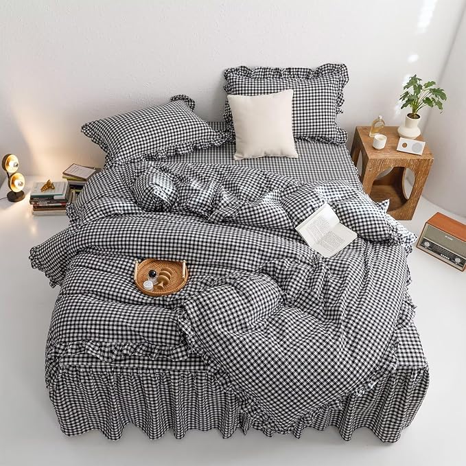 mixinni Black White Gingham Ruffle Duvet Cover King Size 3 Pieces – 100% Washed Cotton, Vintage Plaid Ruffled Bedding Set with Zipper Ties, Soft Checkered Grid Farmhouse Chic Comforter Cover Set