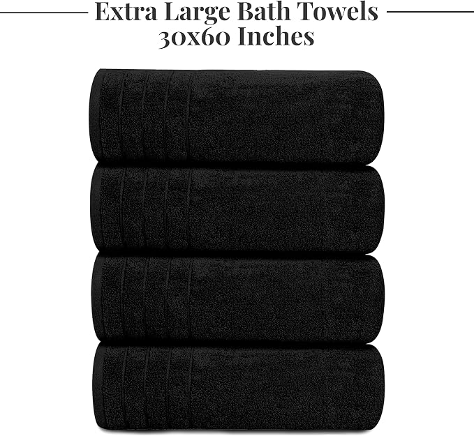 Tens Towels 4 Piece Extra Large Bath Towels 30 x 60 Inches, Black | 100% Cotton, Larger & Lighter Weight, Quicker to Dry, Super Soft and Absorbent, Perfect for Bathroom