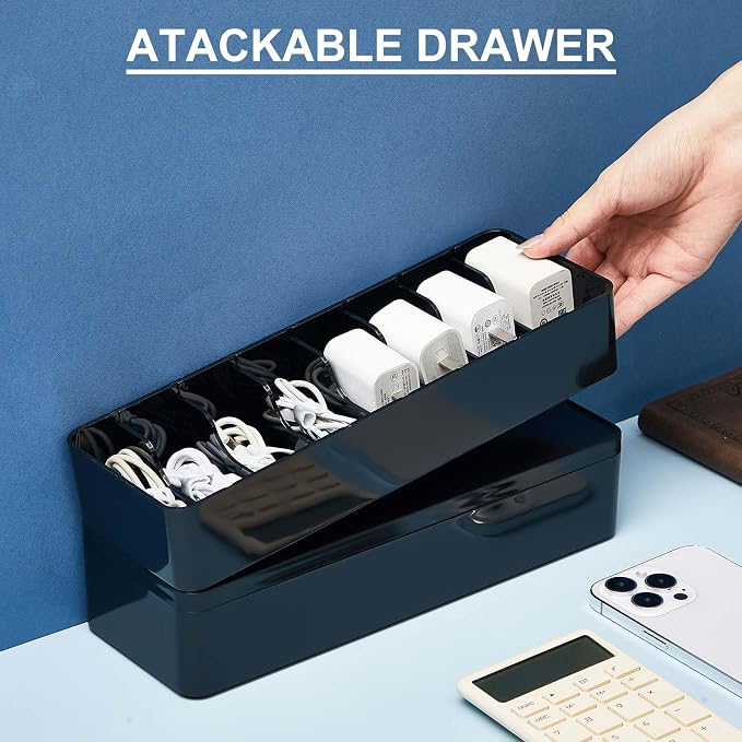 Tatuo 1 Pcs Cable Organizer Box with Wire Ties, Plastic Cord Storage Box with Lid, Electronics Organizer for Home Office Desk Organizers and Accessories (Black)