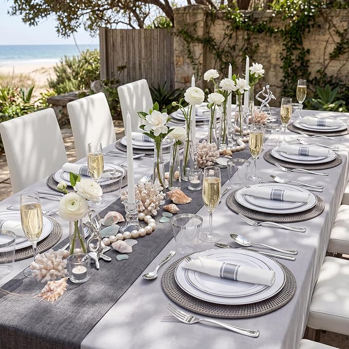 WDF Partyware 350Piece Silver Plastic Dinnerware Set for 50 Guests - Silver Plastic Plates with Cutlery Include:50Dinner Plates-50Dessert Plates-50Pre Rolled Napkins with Silverware Party Wedding