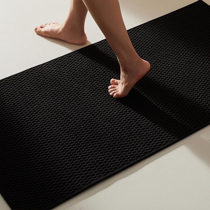 TYUU Black Bathroom Rugs Non Slip Washable, Super Absorbent Thin Bath Mat Quick Dry Low Pile Bathroom Rug, Black 24''x47''