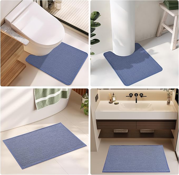 TYUU Bathroom Runner Rugs, Long Bath Mat Runner Washable Thin Quick Dry Low Pile Bathroom Runner Rugs Non Slip, Denim Blue 16"x60"