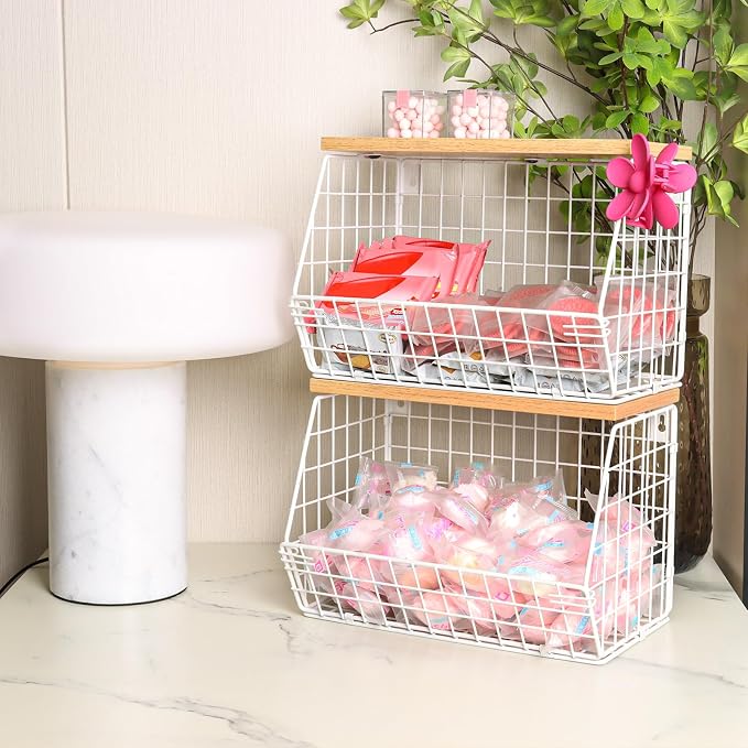 Mefirt Fruit Basket, 2-Tier Fruit Bowl for Kitchen Counter, Stackable Wall Mounted Fruit Storage, Snack Organizer, Potato and Onion Storage Basket, Hanging Pantry Storage with Wood Lid, 2 Set, White