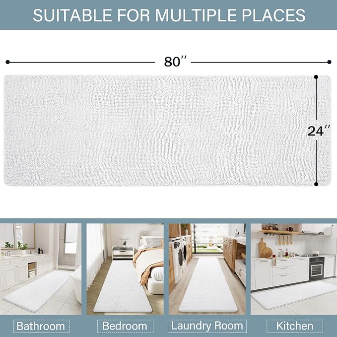 LOCHAS Luxury Bathroom Rug Shaggy Bath Mat 24 x 80 Inch, White | Washable Non Slip Bath Rugs for Bathroom Shower, Soft Plush Chenille Absorbent Carpets