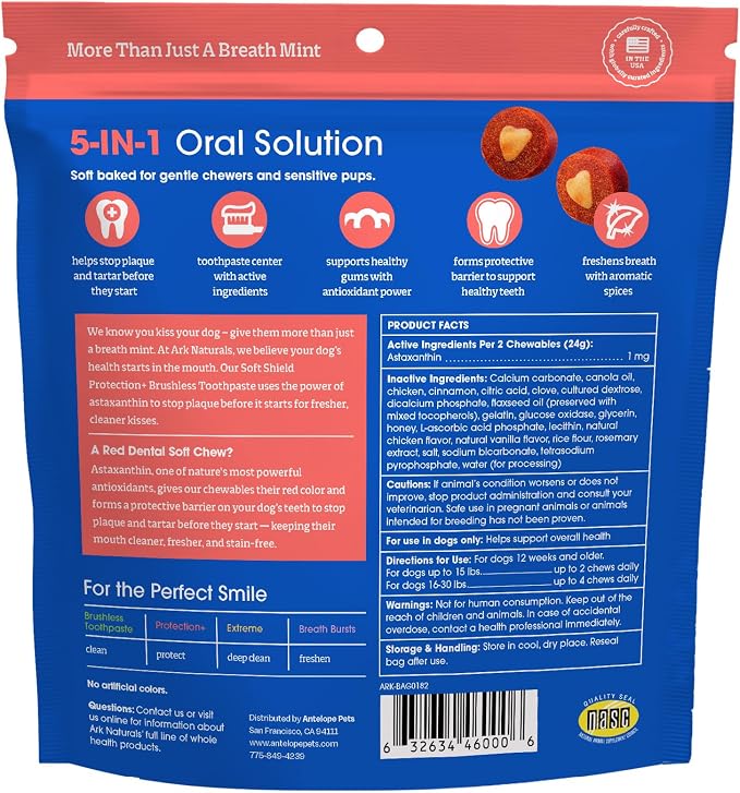 Ark Naturals Soft Shield Protection+ Brushless Toothpaste, Small Breed 28ct | Vet Formulated Soft-Baked Dog Dental Chew with Toothpaste Center - Freshens Breath and Prevents Plaque & Tartar