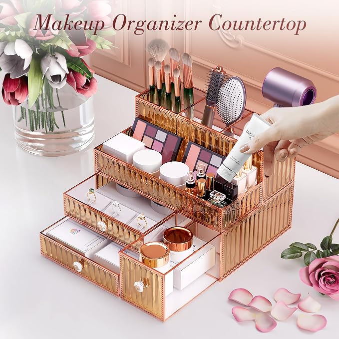 Youdepot Makeup Organizer Golden- Tempered Glass Vanity Organizer for Cosmetics, Skincare, Hair Tools, Brushes, Perfume - Multipurpose Bathroom Counter Skincare Organizer