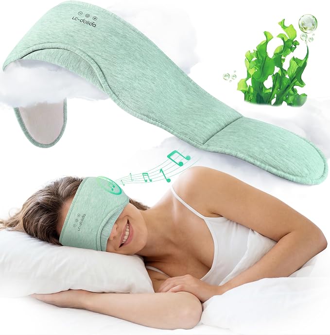 LC-dolida Sleep Masks with Bluetooth Headphones, Soft Seaweed Fiber Cotton Bluetooth Sleep Mask, Total Blackout Fully Wrapped Sleep Mask for Side Sleepers, Travel Meditation Gift, Green