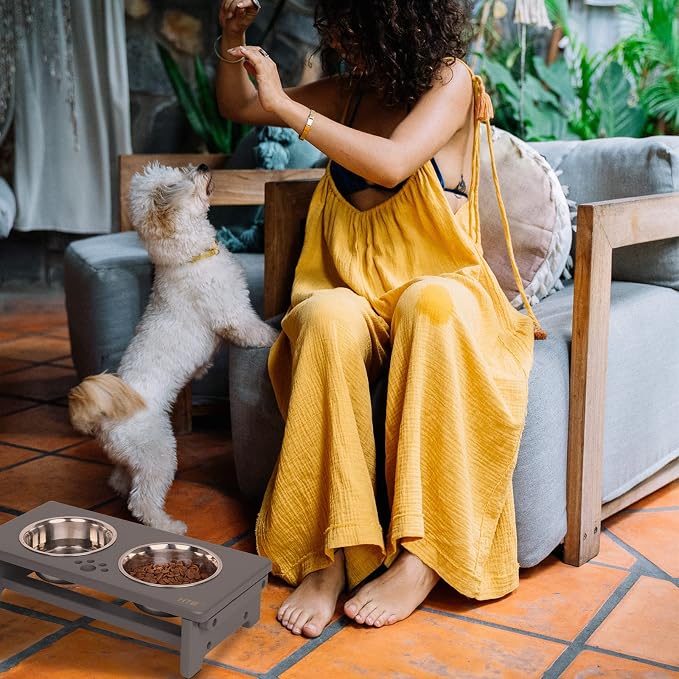 HTB Elevated Dog Bowl Stand with 2 Stainless Steel Bowls-4" H Small Grey | Raised Dog Bowl Stand, 4"tall, 21 Oz Bowls, for Small Sized Dogs, Pet-safe, Solid Bamboo