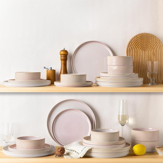 TheTerra Ceramic Dinnerware Sets for 8, 24 Pieces Porcelain Lightweight Plates and Bowls Sets, Scratch Resistant Dish Set, Oven & Microwave & Dishwasher Safe, Primrose Pink