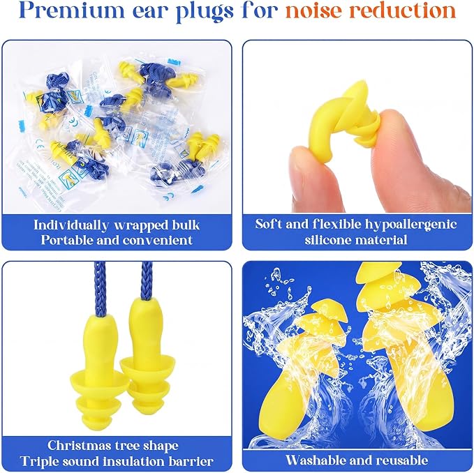 Relaxweex 500 Pairs Corded Ear Plugs Bulk 25dB NRR Reusable Silicone Ear Plug with String Individually Wrapped Earplugs for Sleeping Noise Reduction Hearing Protection Shooting Work (Blue Yellow)