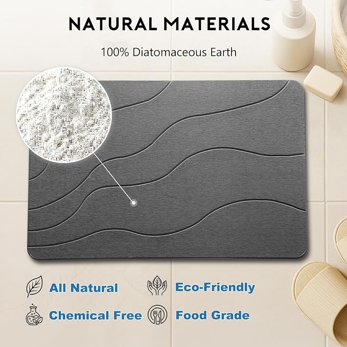 Stone Bath Mat, Quick-Dry Diatomaceous Earth Shower Mat, Absorbent Bathroom Mat for Shower/Tub Exit, New Apartment Essential & Housewarming Gift, 23.5" x 15.5" Dark Gray Wave