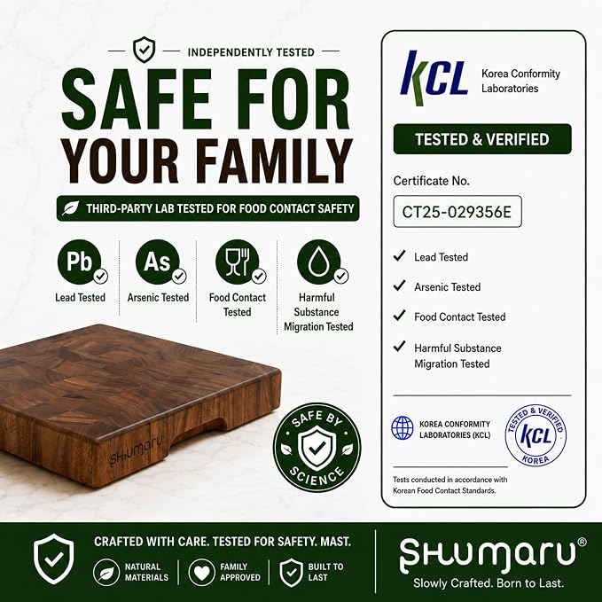 SHUMARU End Grain Cutting Board, 12.6 x 12.6 x 2 Inch Thick Square Butcher Block, Premium Exotic Heartwood, Knife-Friendly Chopping Block with Non-Slip Feet & Hidden Side Handles