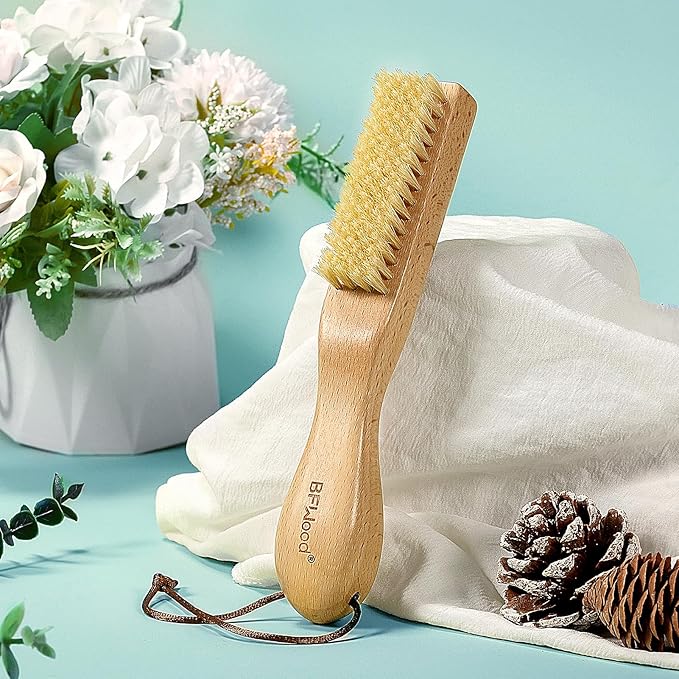 BFWood Laundry Stain Brush, Natural Soft Boar Bristle for Scrubbing Out Tough Stains on Delicate Fabrics, Knits, Cotton, Linens, No Damage