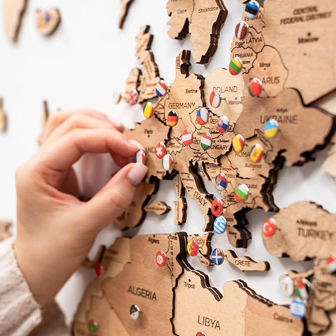 Enjoy The Wood 3D Wooden World Map Wall Art - Large Travel Map with Pins for Art Decor - Decorative Map of the World for Home, Office - Travel Wall Art Housewarming Gift Idea (Light, 2XL, Unframed)