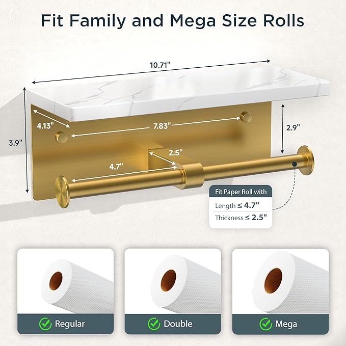 FORIOUS Toilet Paper Holder with Shelf, Marble Wall Mount Tissue Roll Holder for Bathroom, Washroom, 304 Stainless Steel Double Commercial Toilet Tissue Dispensers with Phone Shelf, Brushed Gold