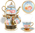 Zhehao 20 Pcs Porcelain Tea Set with Metal Holder and Spoon Adult Ceramic Tea Set European Flower Painting Teapot Cup Saucer Spoon for Women Mom Gift, Large Version (Simplicity Style)