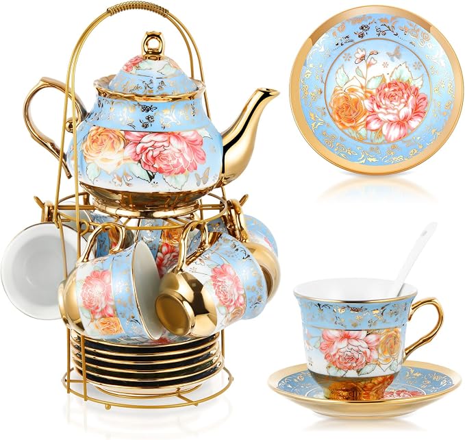 Zhehao 20 Pcs Porcelain Tea Set with Metal Holder and Spoon Adult Ceramic Tea Set European Flower Painting Teapot Cup Saucer Spoon for Women Mom Gift, Large Version (Simplicity Style)