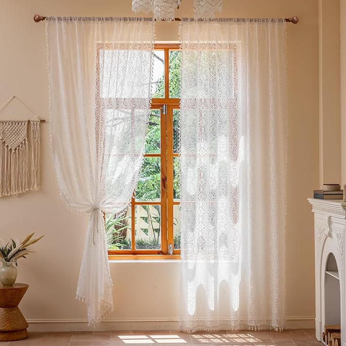 Sutuo Home Boho Lace Curtains 96 inches Long,Semi Sheer Curtains for Living Room Bedroom Farmhouse Floral Victorian Privacy Crochet Vintage Tassels Cottagecore Decor Rod Pocket, 2 Panels 50" W,White