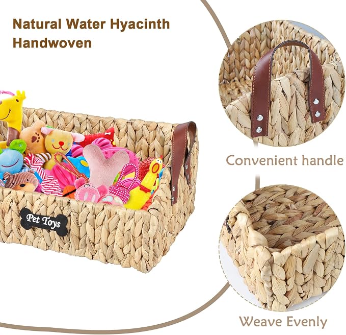 Trapezoid Pet Dog Toy Basket,Medium Dog Toy Bin,Wicker Storage Basket for Dog Cat Toys,Dog Storage Organizer for Leash Blanket Toys Snacks -Natural Farmhouse Water Hyacinth