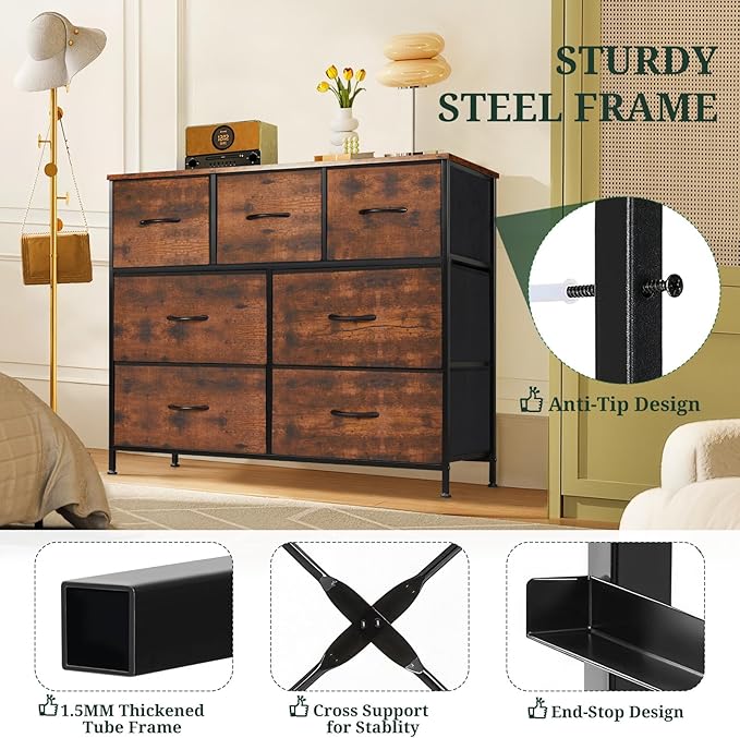 7-Drawer Dresser for Bedroom, Anti-Tip Wide Storage Organizer Fabric Chest of Drawers TV Stand for 45" TV with Wooden Top and Metal Frame for Closet, Living Room, Hallway, Entryway, Brown