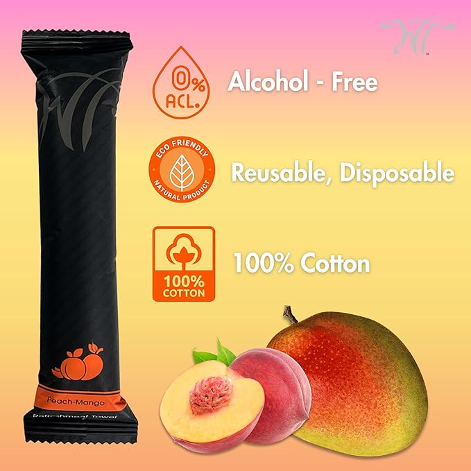 White Towel Services 8" x 8in Moist Cotton Towel Individually Wrapped - Lemon and Peach-Mango (Case of 100) - Single-Use Oshibori Style Cotton Hospitality Towels