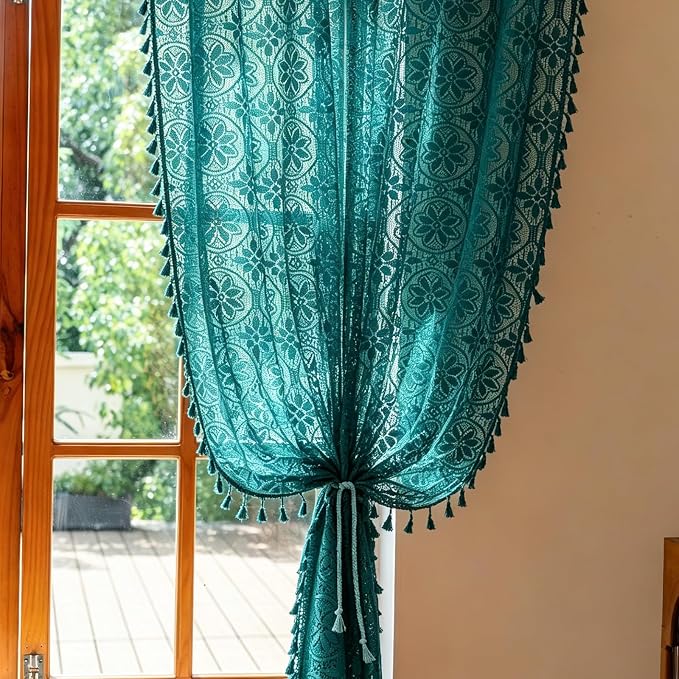 Sutuo Home Teal Sheer Lace Boho Curtains 84 inches Long 2 Panel for Bedroom | Victorian Privacy Cottagecore Vintage Tassels Light Filtering Floral Window Curtains Drape Christmas Decor Rod Pocket,50" W