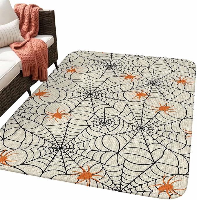 Halloween Washable Area Rugs for Living Room Bedroom, Large Non Slip Indoor Floor Carpet Absorbent Black Net Classic Spiders Gingham Orange Rustic Door Mat Rugs for Bathroom Entryway 63"x78.7"