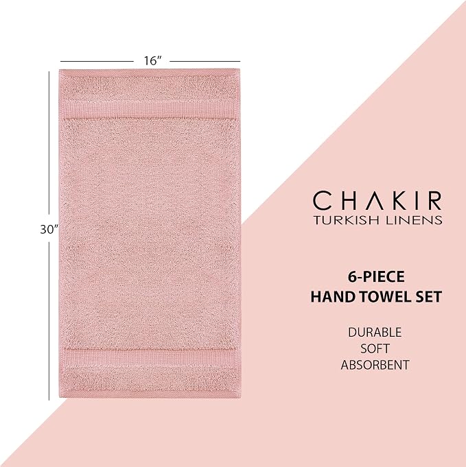 Chakir Turkish Linens 6 Piece Hand Towels, 100% Cotton Luxury Turkish Towels for Bathroom, Soft Absorbent Hand Towel Set, 16 x 30 Inches, Pink
