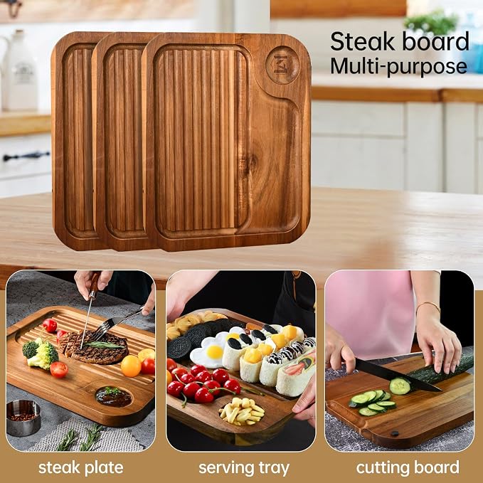 4 pcs Acacia Wood Steak Plates,Carnivore Meat Cutting Board for Eating | Carved Wooden Serving Trays Food Serving Platter Cheese Charcuterie Board with Deep Groove & Hidden Handles Housewarming Gift