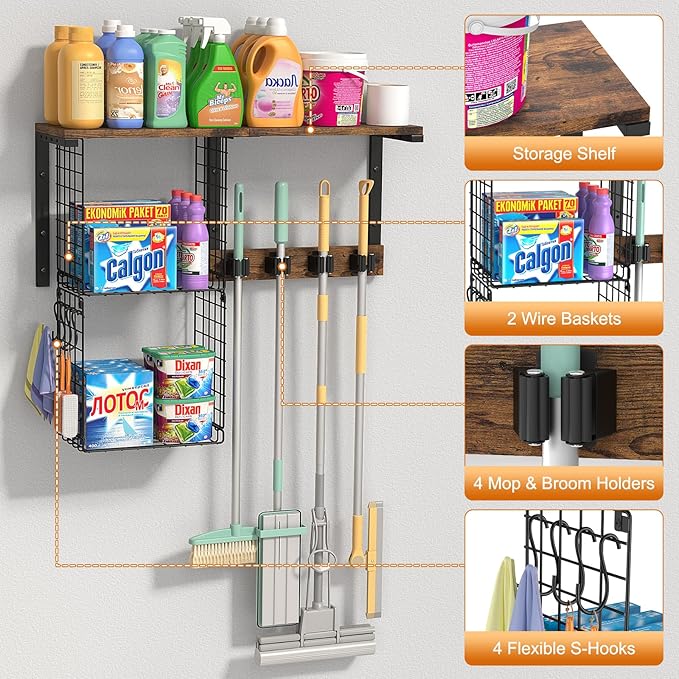 Housolution Broom Holder Wall Mount with Cleaning Supplies Organizer, 100 LBS High Load-Bearing Laundry Room Storage Shelves, Multifunctional Mop Hanger Rack with 2 Baskets, 4 Grippers & Hooks