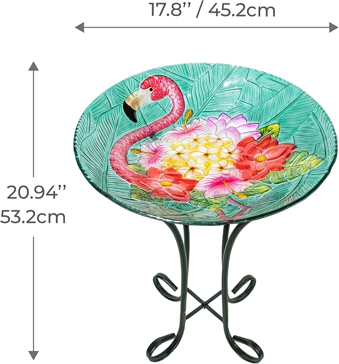 Teamson Home 17.8 in. Fusion Glass Birdbath, Multi | Bird Design, Tropical Flamingo Design, Foldable Metal Stand, Ground Hook