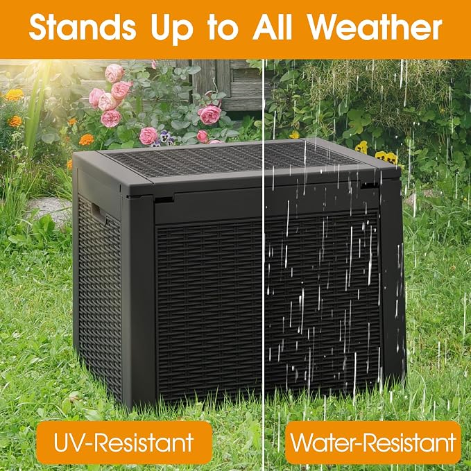 29 Gallon Outdoor Storage Box, Resin Deck Boxes Indoor and outdoor, Waterproof Storage Box Lockable Lid for Garden Tools, Package Delivery, Pool Supplies, Patio Cushions, Black