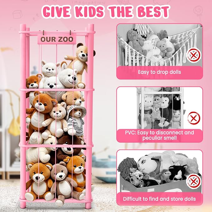 Woodure Stuffed Animal Storage & Organizer, Wooden Cute Zoo Toy Holder for Toddler Rooms, Playrooms & Bedrooms（Pink）