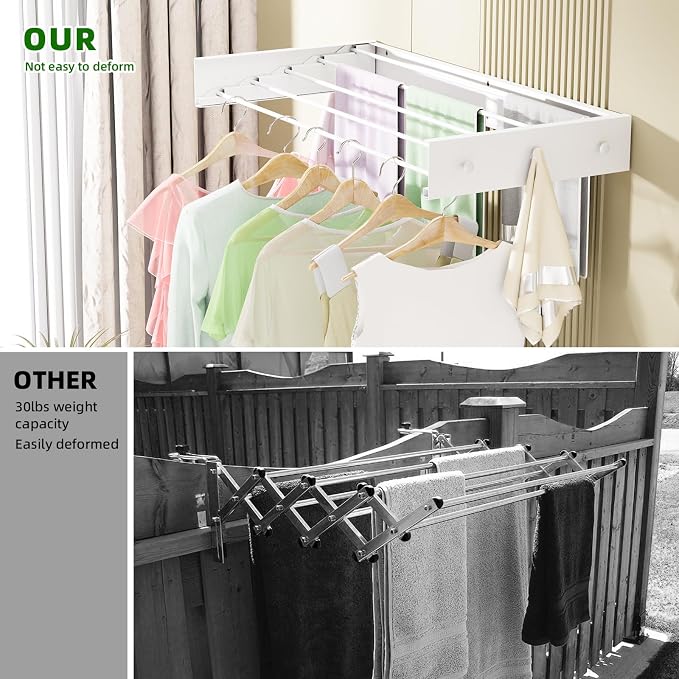 BAKON Wall Mounted Drying Rack 32'', Hidden Clothes Drying Rack for Indoor | Space Saving for Balcony Laundry Room Small Space, 60lbs Capacity, 6 Towel Hooks and 5 Rods, Invisible,Heavy Duty Metal